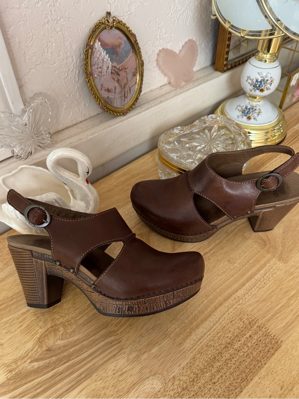 Dansko Brown Leather Platform Clogs EU 37 Y2K Boho Chunky Heeled Sandals - Picture 3 of 15